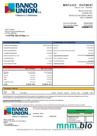 Boliwia Bank Union wyciąg z kredytu hipotecznego szablon Word i PDF
